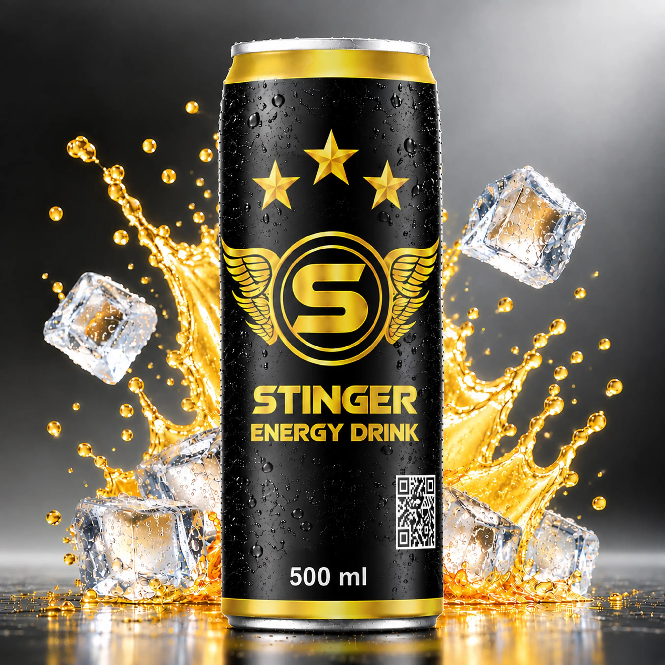 STINGER Energy Drink 500 ml black and gold can with chilled condensation, golden splash and ice cubes.